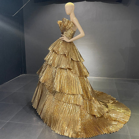 Gold A-Line Ruffles Scalloped Neck Evening Dresses Gowns Luxury 2025 For Women Party Couture LA71753