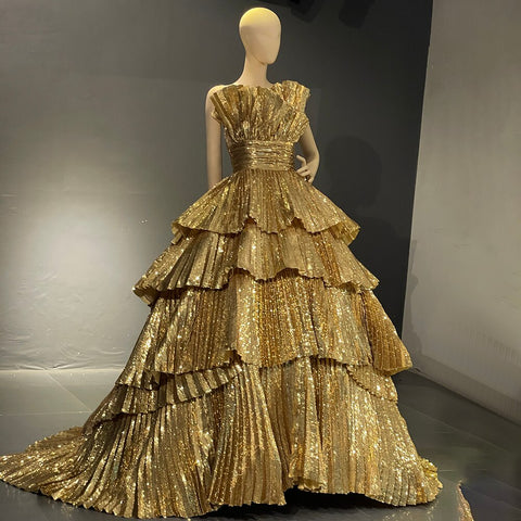 Gold A-Line Ruffles Scalloped Neck Evening Dresses Gowns Luxury 2025 For Women Party Couture LA71753