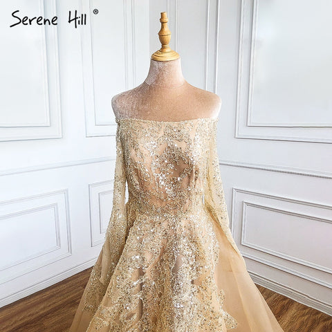 Gold A-Line Sexy Evening Dresses Gowns 2025 Beaded Off Shoulder For Woman Wedding Party LA71305