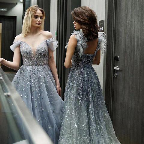 Gold Beaded A-Line Evening Gowns 2025 Off Shoulder Luxury Sexy Dresses Long For Women Party LA71411A