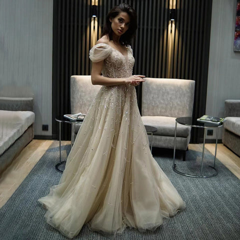 Gold Beaded A-Line Evening Gowns 2025 Off Shoulder Luxury Sexy Dresses Long For Women Party LA71411A