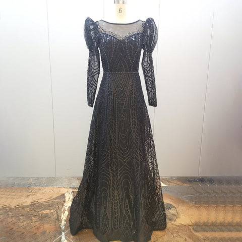 Gold Beaded Muslim Evening Dresses Gowns 2025 Luxury A-Line Puff Sleeve For Women Party LA71657