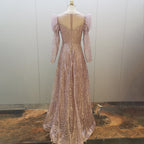 Gold Beaded Muslim Evening Dresses Gowns 2025 Luxury A-Line Puff Sleeve For Women Party LA71657