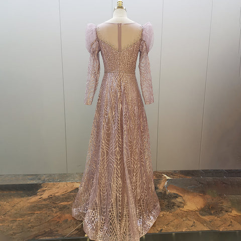 Gold Beaded Muslim Evening Dresses Gowns 2025 Luxury A-Line Puff Sleeve For Women Party LA71657