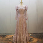 Gold Beaded Muslim Evening Dresses Gowns 2025 Luxury A-Line Puff Sleeve For Women Party LA71657