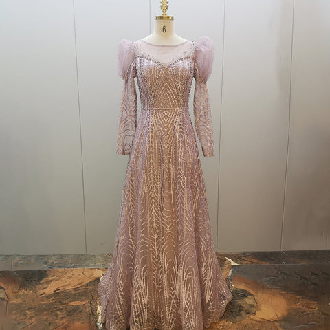 Gold Beaded Muslim Evening Dresses Gowns 2025 Luxury A-Line Puff Sleeve For Women Party LA71657