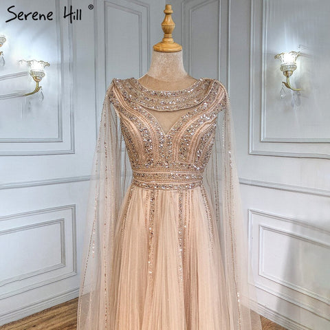 Gold Cape Sleeves A-Line Evening Dresses Gowns 2025 Luxury Beaded For Women Party LA71315
