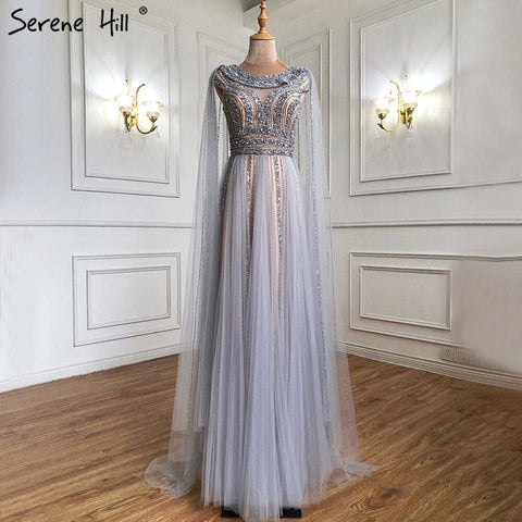 Gold Cape Sleeves A-Line Evening Dresses Gowns 2025 Luxury Beaded For Women Party LA71315