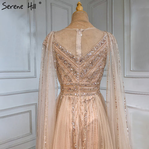 Gold Cape Sleeves A-Line Evening Dresses Gowns 2025 Luxury Beaded For Women Party LA71315