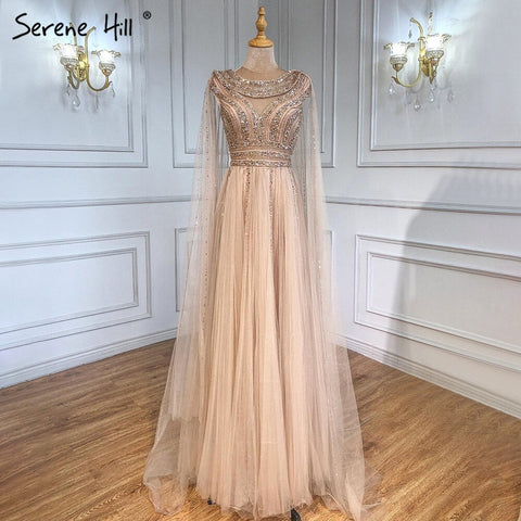 Gold Cape Sleeves A-Line Evening Dresses Gowns 2025 Luxury Beaded For Women Party LA71315