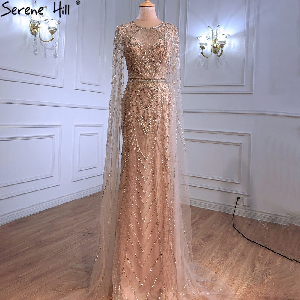 On Sale no return no refund Gold Elegant Mermaid Evening Dresses Gowns 2025 Luxury With Cape Sleeves Beading For Women Party LA70970