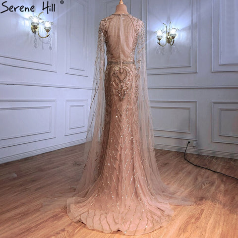 Robe de soirée sirène dorée élégante, en solde, sans retour ni remboursement, luxueuse, avec manches cape et perles, pour femme, modèle LA70970, 2025 