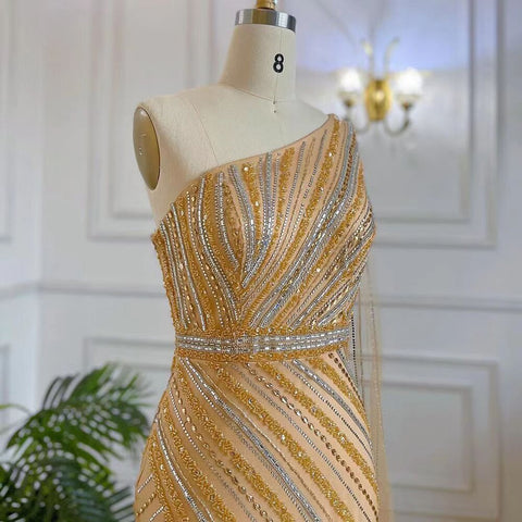 Gold Elegant Mermaid Sexy One Shoulder Cape Sleeve High Split Luxury Beaded Evening Dresses Gowns 2025 LA71902
