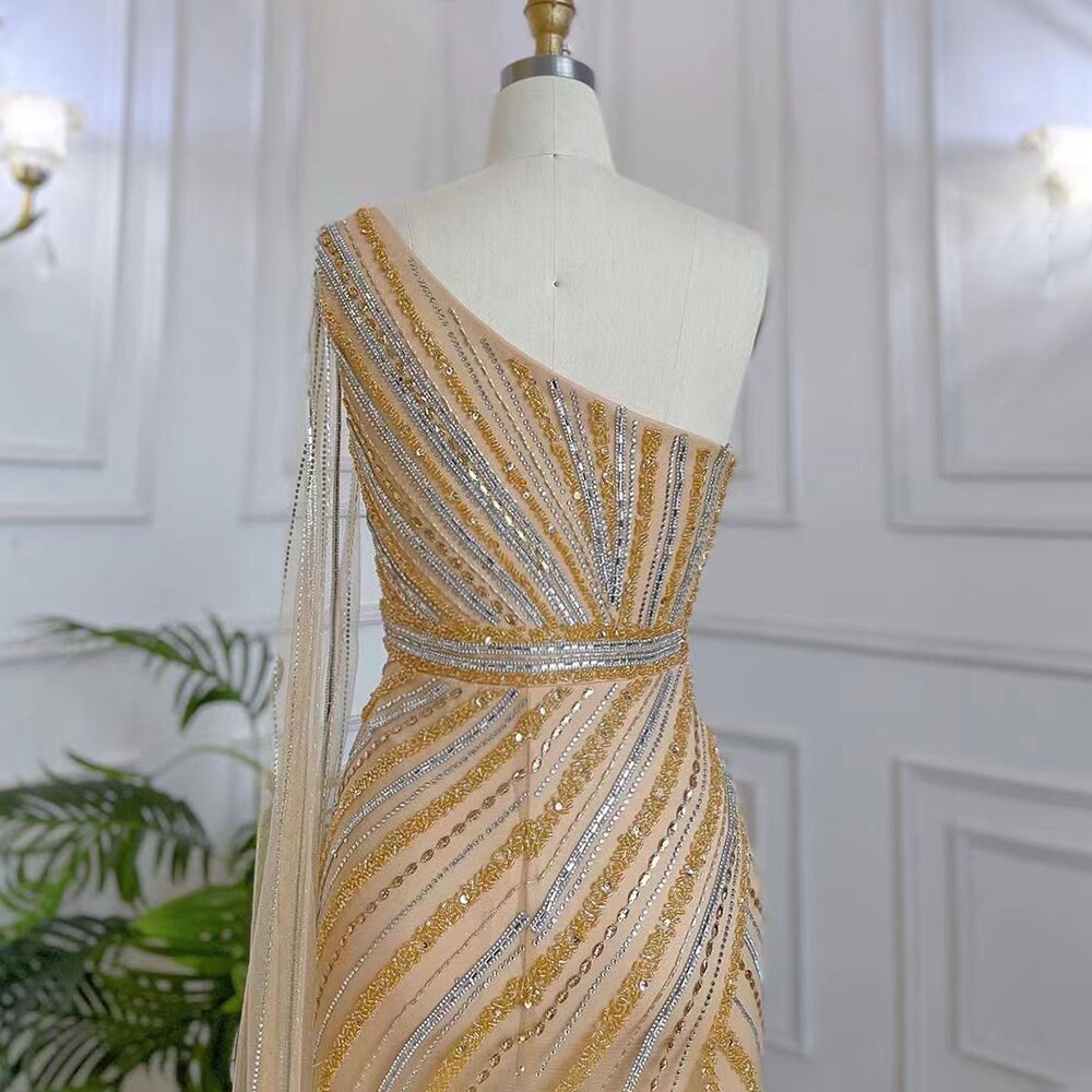Gold Elegant Mermaid Sexy One Shoulder Cape Sleeve High Split Luxury Beaded Evening Dresses Gowns 2025 LA71902