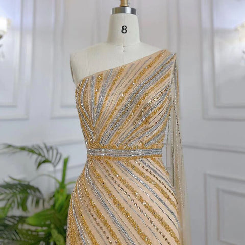 Gold Elegant Mermaid Sexy One Shoulder Cape Sleeve High Split Luxury Beaded Evening Dresses Gowns 2025 LA71902