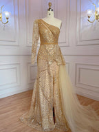 Gold Elegant Mermaid Sexy One Shoulder High Split Beaded Luxury Evening Dresses Gowns For Women Party 2025 LA71890