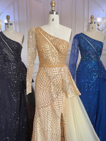 Gold Elegant Mermaid Sexy One Shoulder High Split Beaded Luxury Evening Dresses Gowns For Women Party 2025 LA71890