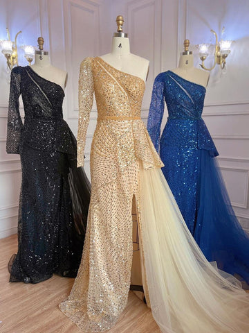 Gold Elegant Mermaid Sexy One Shoulder High Split Beaded Luxury Evening Dresses Gowns For Women Party 2025 LA71890