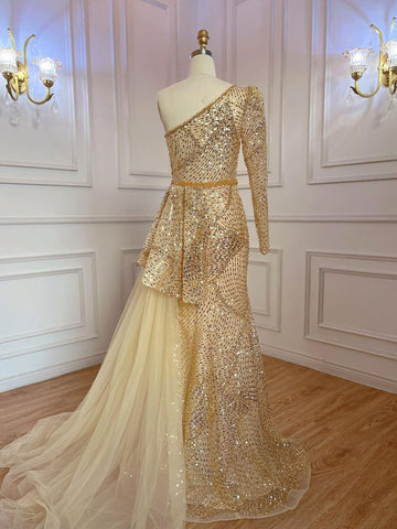 Gold Elegant Mermaid Sexy One Shoulder High Split Beaded Luxury Evening Dresses Gowns For Women Party 2025 LA71890