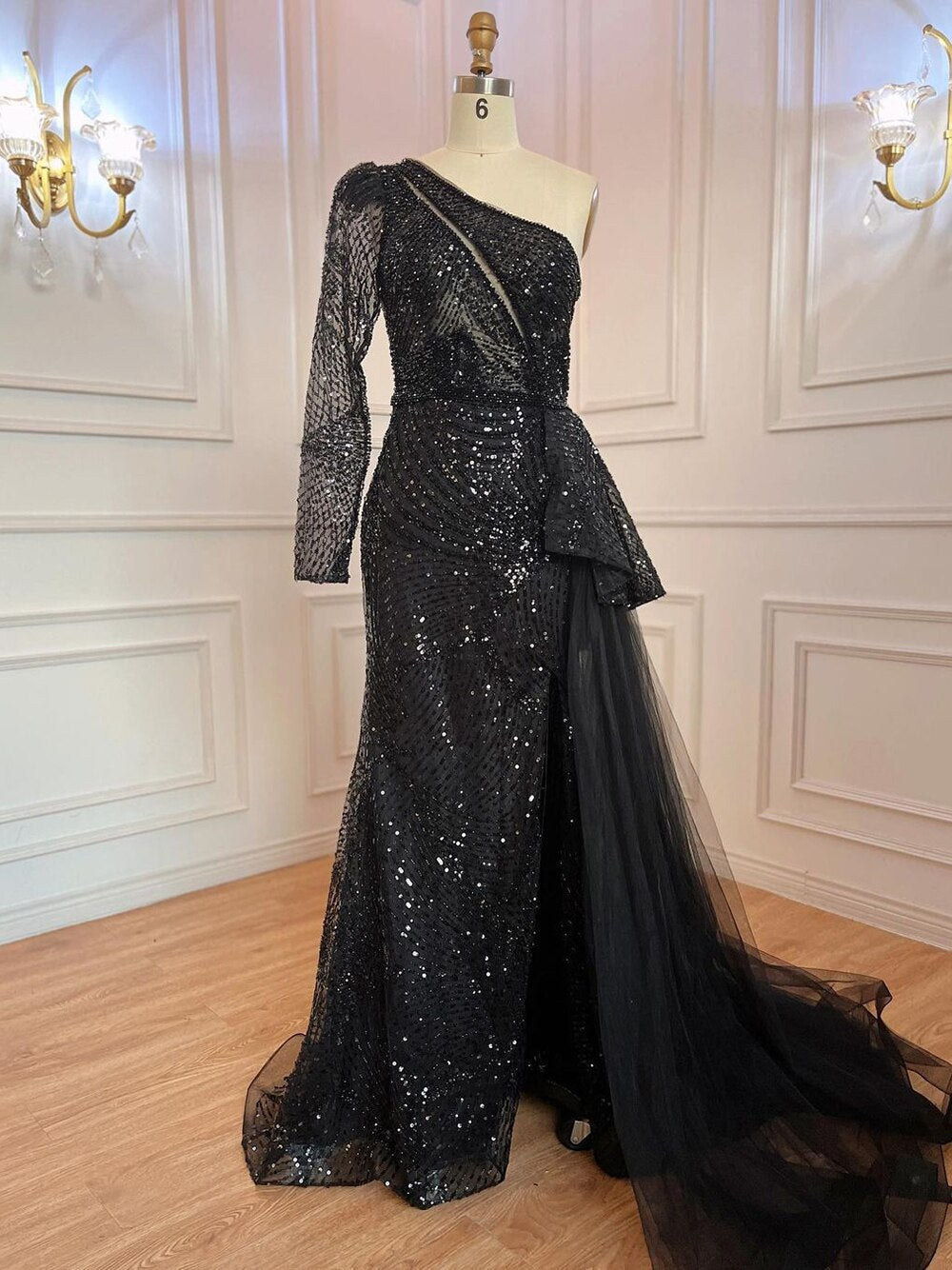 Gold Elegant Mermaid Sexy One Shoulder High Split Beaded Luxury Evening Dresses Gowns For Women Party 2025 LA71890