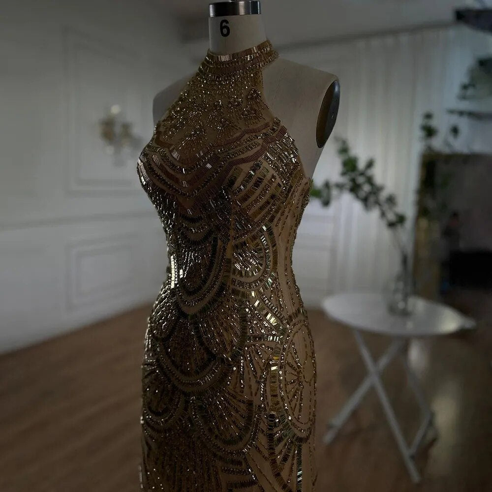 Gold Halter Mermaid Sparkle Evening Dresses Gowns 2025 Sequined Beaded Sleeveless For Women Wedding Party LA6461