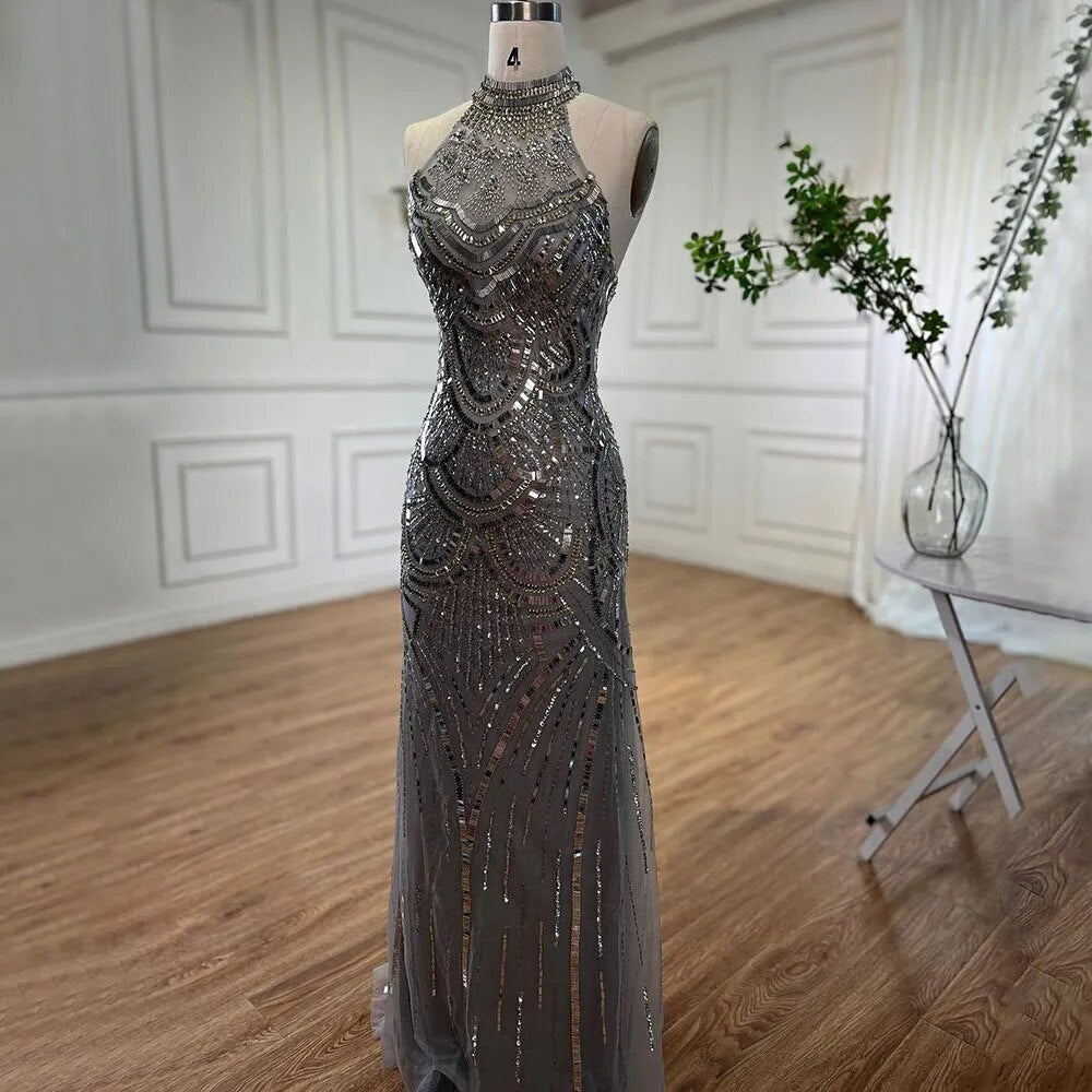 Gold Halter Mermaid Sparkle Evening Dresses Gowns 2025 Sequined Beaded Sleeveless For Women Wedding Party LA6461