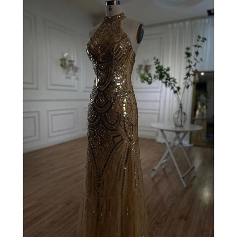 Gold Halter Mermaid Sparkle Evening Dresses Gowns 2025 Sequined Beaded Sleeveless For Women Wedding Party LA6461