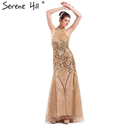 Gold Halter Mermaid Sparkle Evening Dresses Gowns 2025 Sequined Beaded Sleeveless For Women Wedding Party LA6461