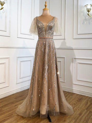 Gold Luxury A-Line Evening Dresses Gowns 2025 Beaded  Short Flare Sleeves For Women Party LA70824