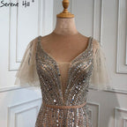 Gold Luxury A-Line Evening Dresses Gowns 2025 Beaded  Short Flare Sleeves For Women Party LA70824