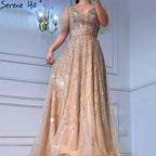 Gold Luxury A-Line Evening Dresses Gowns 2025 Beaded  Short Flare Sleeves For Women Party LA70824