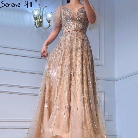Gold Luxury A-Line Evening Dresses Gowns 2025 Beaded  Short Flare Sleeves For Women Party LA70824