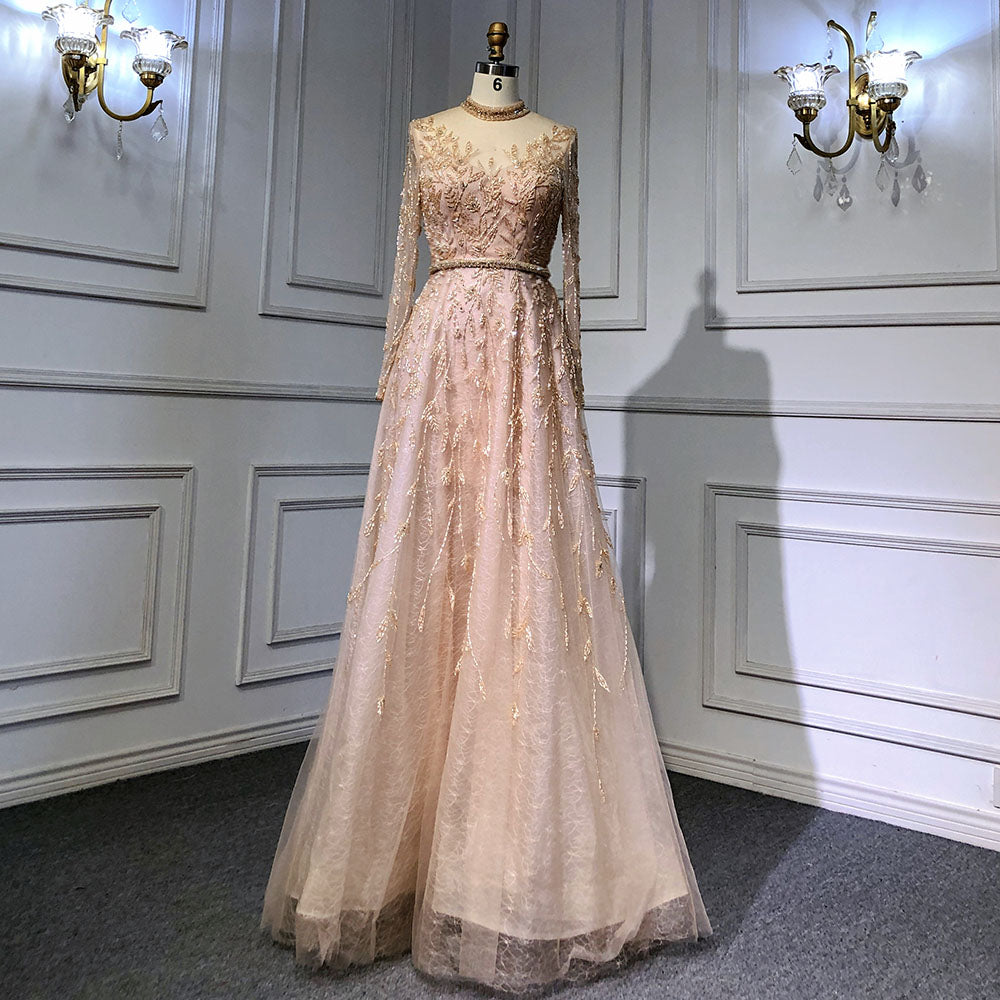 Gold Luxury A-Line Evening O-Neck Dresses Gowns 2025 Beading Spaghetti Strap Sexy For Women Party LA71378L