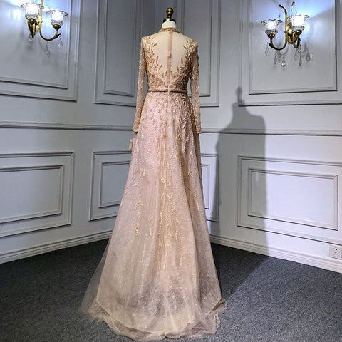 Gold Luxury A-Line Evening O-Neck Dresses Gowns 2025 Beading Spaghetti Strap Sexy For Women Party LA71378L