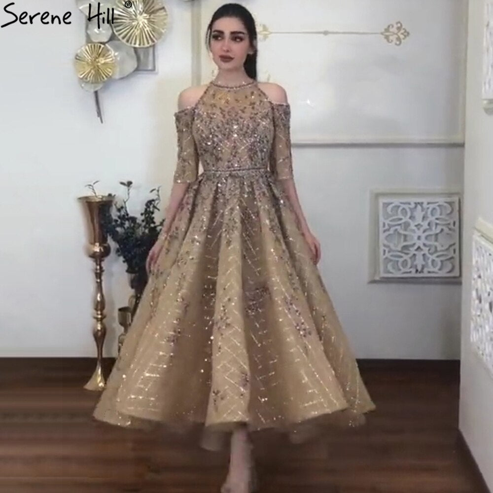 Gold Luxury  Ankle Length Midi dress Evening Party   Dresses Wedding  2025  Evening Gowns  For Woman Dresses LA71051