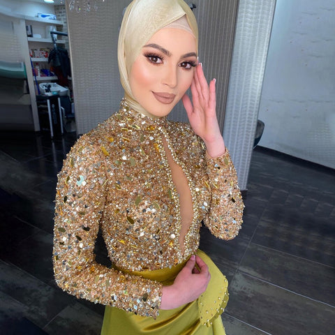 Gold Luxury Beaded Evening Gowns 2025 Mermaid Elegant Satin For Women Wedding Party LA71509