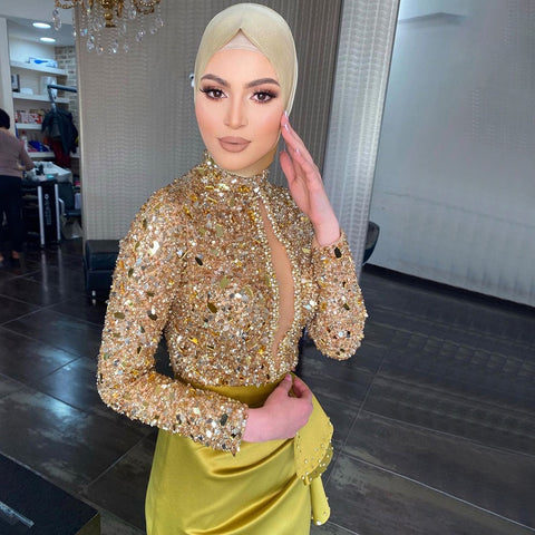 Gold Luxury Beaded Evening Gowns 2025 Mermaid Elegant Satin For Women Wedding Party LA71509