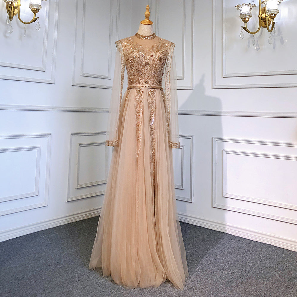 Gold Luxury Cape Sleeves Evening Dresses Gowns 2025 Beaded Mermaid Elegant For Woman Party  LA71604