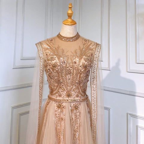 Gold Luxury Cape Sleeves Evening Dresses Gowns 2025 Beaded Mermaid Elegant For Woman Party  LA71604