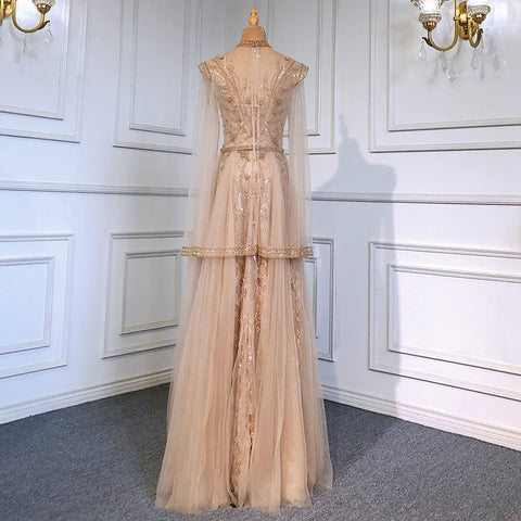 Gold Luxury Cape Sleeves Evening Dresses Gowns 2025 Beaded Mermaid Elegant For Woman Party  LA71604