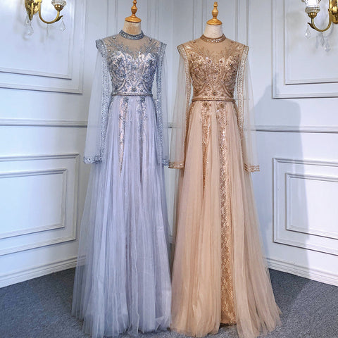 Gold Luxury Cape Sleeves Evening Dresses Gowns 2025 Beaded Mermaid Elegant For Woman Party  LA71604