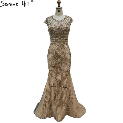 Gold Luxury Caps Sleeves Evening Dresses Gowns 2025 Mermaid Elegant Beading For Women Party LA70851