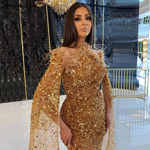 Sale Gold Luxury Elegant Mermaid Evening Dresses Gowns 2025 Cape Sleeves Beading Sexy For Women Party LA70833