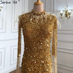 Sale Gold Luxury Elegant Mermaid Evening Dresses Gowns 2025 Cape Sleeves Beading Sexy For Women Party LA70833