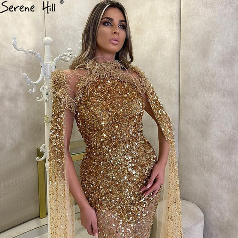 Sale Gold Luxury Elegant Mermaid Evening Dresses Gowns 2025 Cape Sleeves Beading Sexy For Women Party LA70833