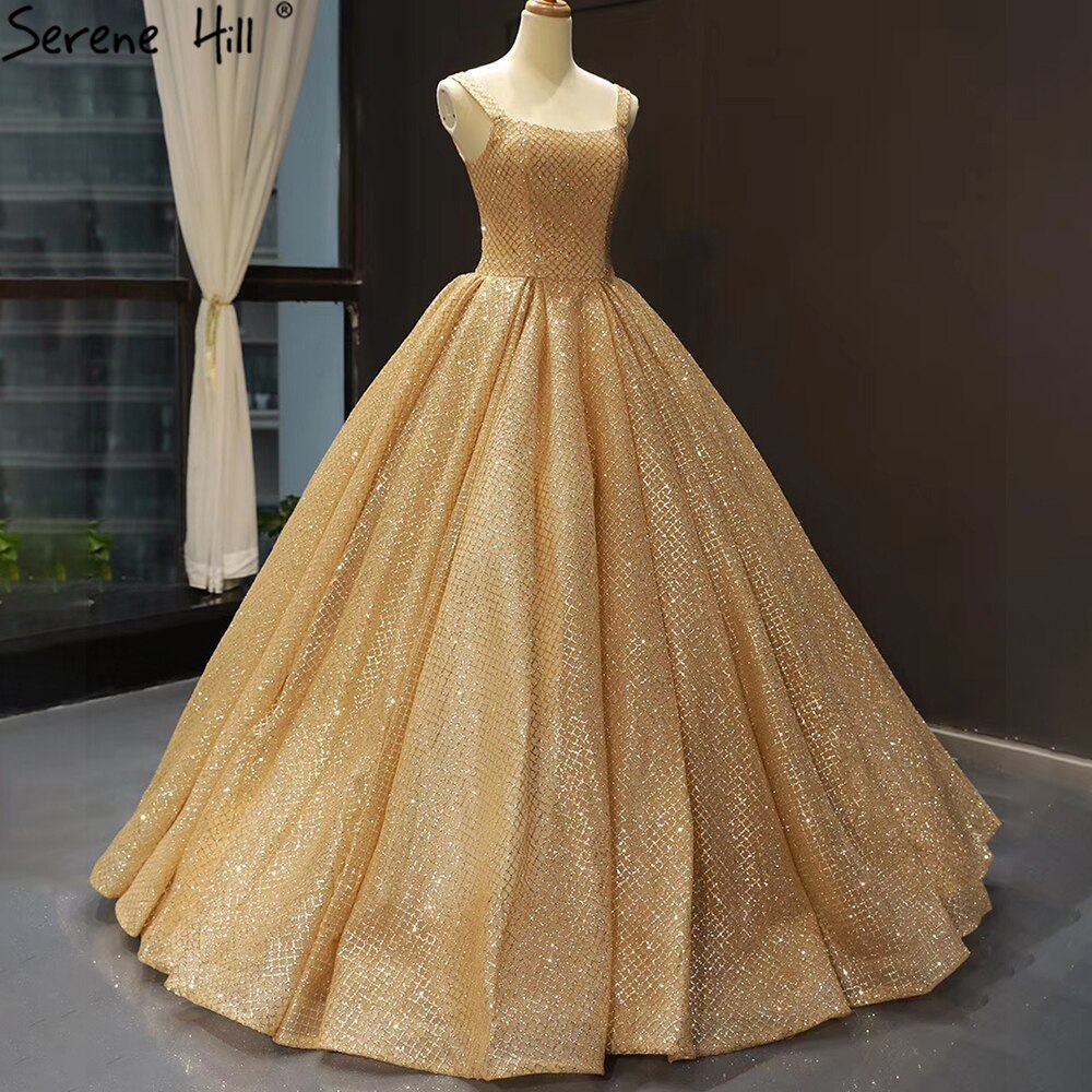 Gold Luxury Glitter Wedding Dresses 2025 Spaghetti Strap Sexy Bridal Dress HM66731 Custom Made