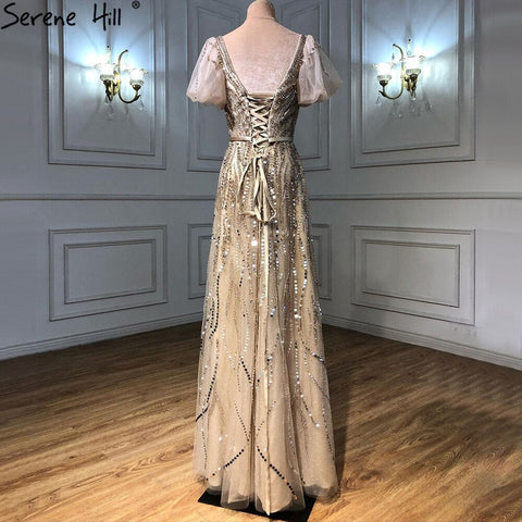 Gold Luxury Sexy Evening Dresses Gowns 2025 Short Flare Sleeves Beaded A-Line For Women Party LA70824A
