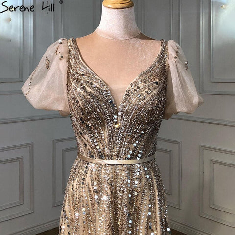 Gold Luxury Sexy Evening Dresses Gowns 2025 Short Flare Sleeves Beaded A-Line For Women Party LA70824A
