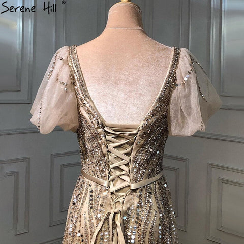 Gold Luxury Sexy Evening Dresses Gowns 2025 Short Flare Sleeves Beaded A-Line For Women Party LA70824A