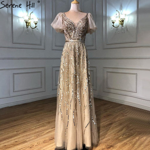 Gold Luxury Sexy Evening Dresses Gowns 2025 Short Flare Sleeves Beaded A-Line For Women Party LA70824A